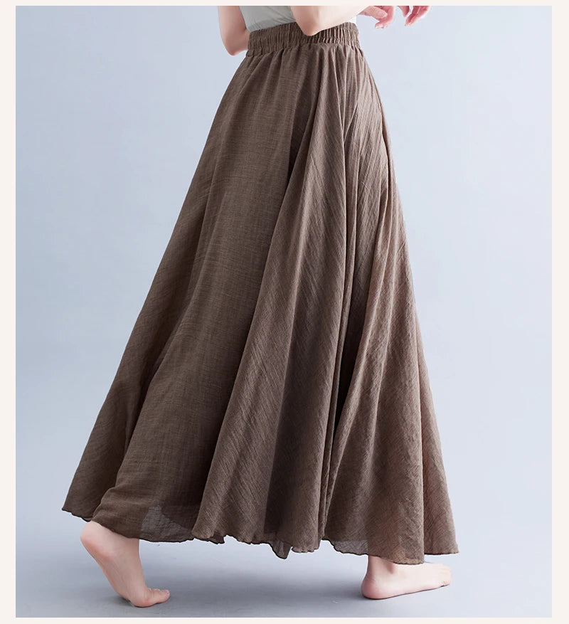 Boho Cotton Linen Beach Long Skirt Women Vintage Casual Solid A-line High Waist Dance Floor-Length Maxi Skirt Spring Summer New
