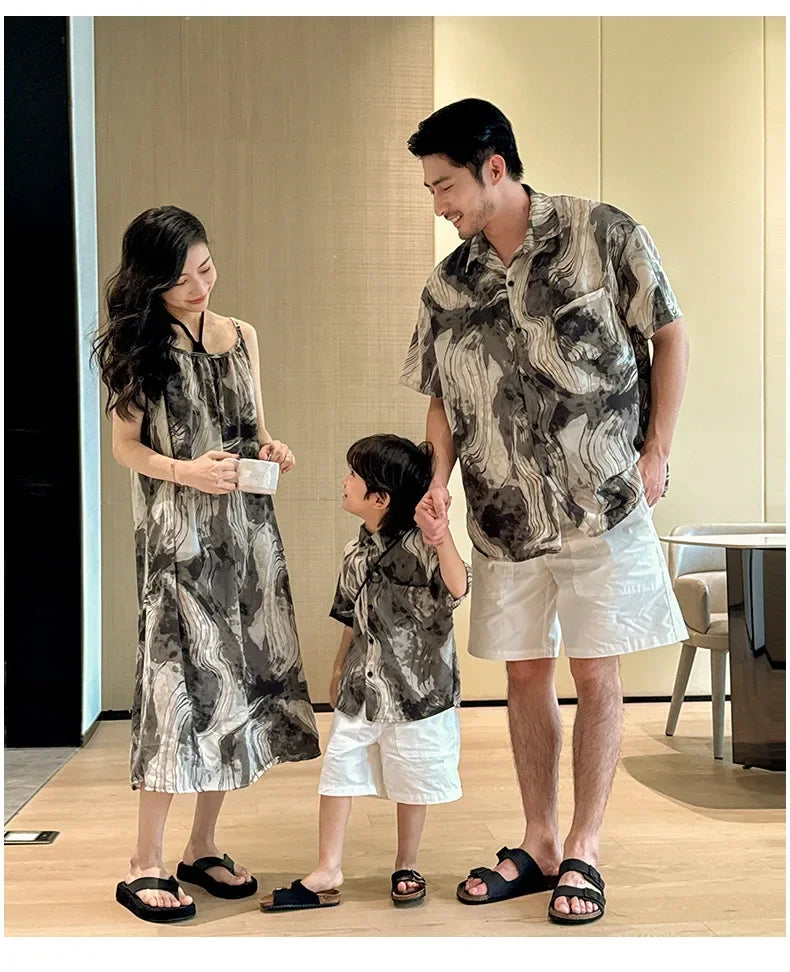 2025 Vacation Look Family Clothes Couple Beach Wear Brother Sister Dad Son Print Shirts Mom Daughter Matching Sleeveless Dress