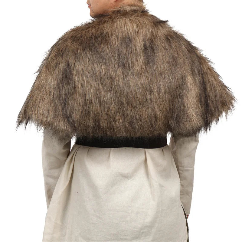 Fur Collar Cape Medieval Winter Clothing King Warrior Viking Fur Shawl With Chest Strap Faux Fur Cloak Halloween Cosplay Costume