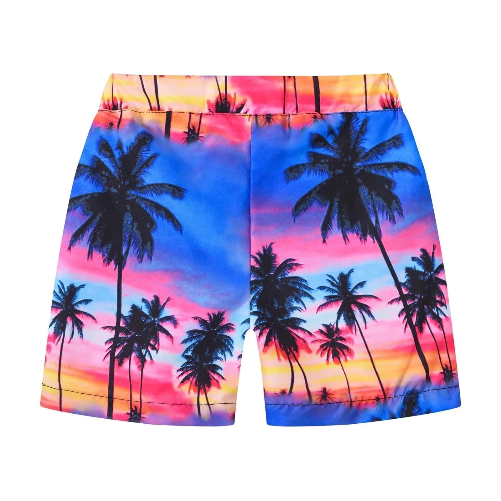 Adult and Children's Hawaiian-style Palm Tree Shorts, Dopamine Color-block 3D Print with Retro Gradient Sunset