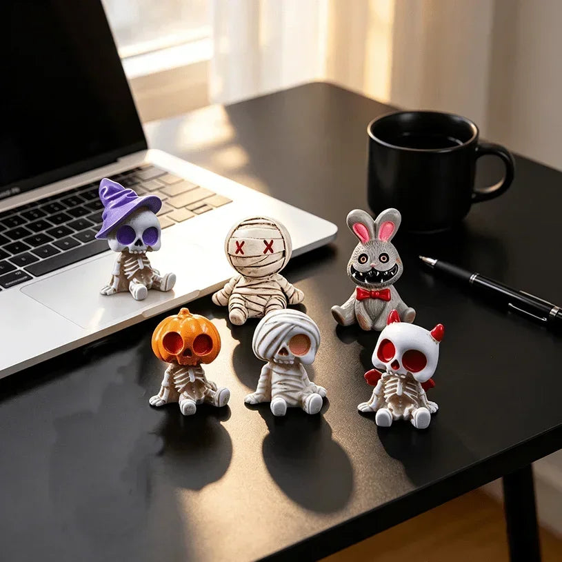 6Pcs Halloween Miniature Figurines Resin Skeleton Mummy Statues for DIY Micro Landscape Bonsai Car Desk Decor Party Gift