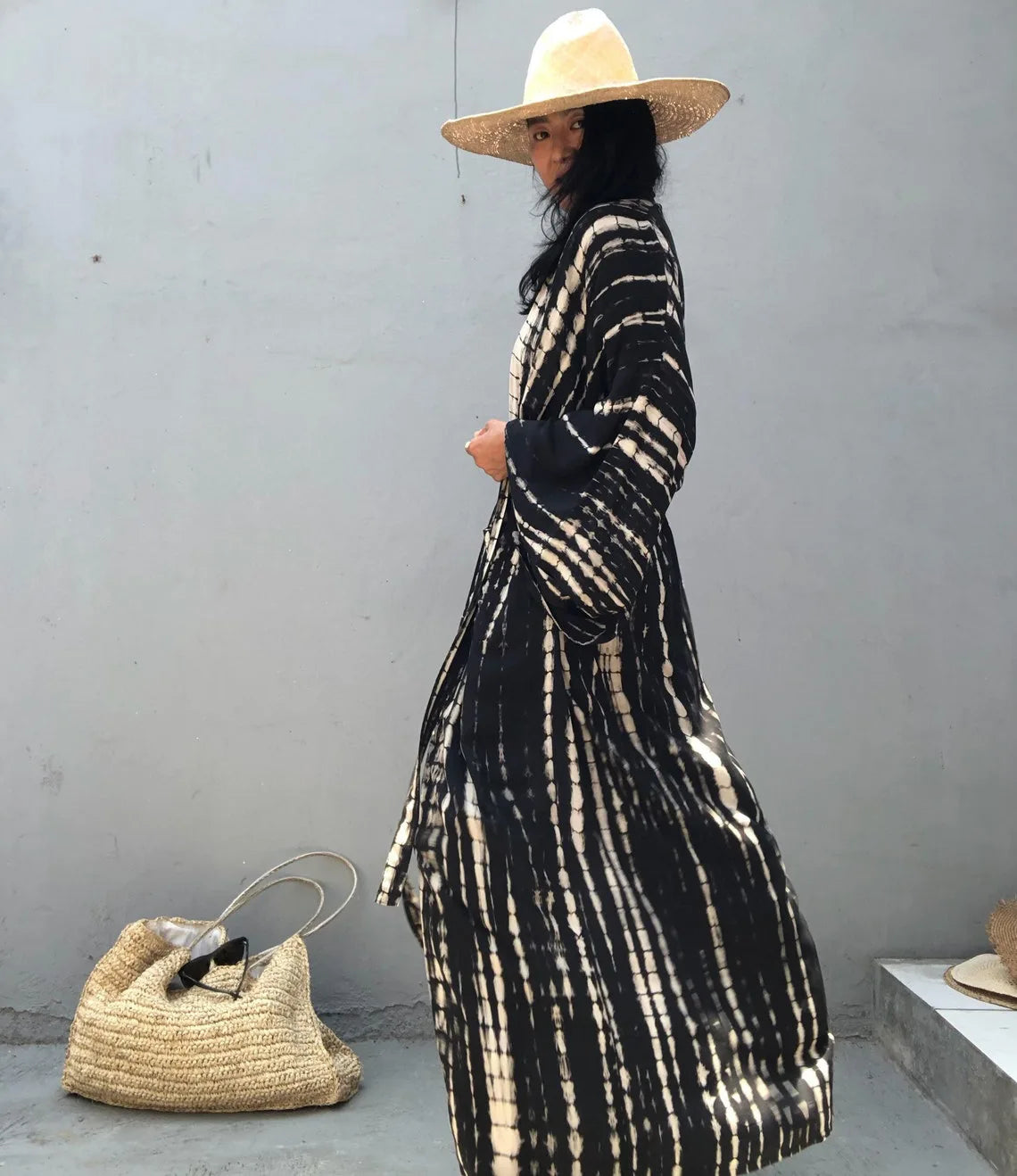 Women's Boho Stripe Tie Dye Swimsuit Cover Up with Belt Tunic Sarong Cardigan Dress Bikini Cover-ups Beach Wear Kimono