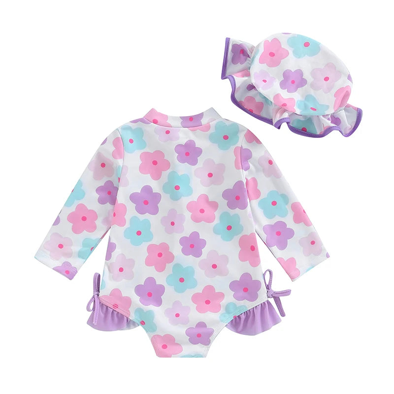 FOCUSNORM 0-24M Summer Baby Girls Rash Guard Swimsuits Long Sleeve Floral Print Zipper Swimwear and Sun Hat