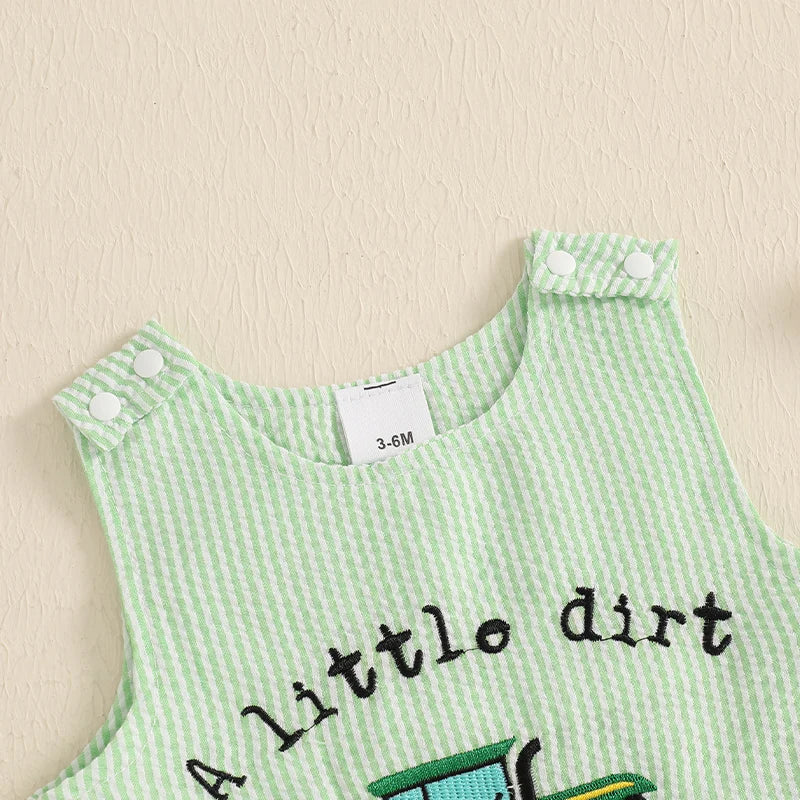 Adorable Infant Boys Sleeveless Romper with Fun Trucker Embroidery and Striped Design - Perfect Summer Outfit for Little Ones