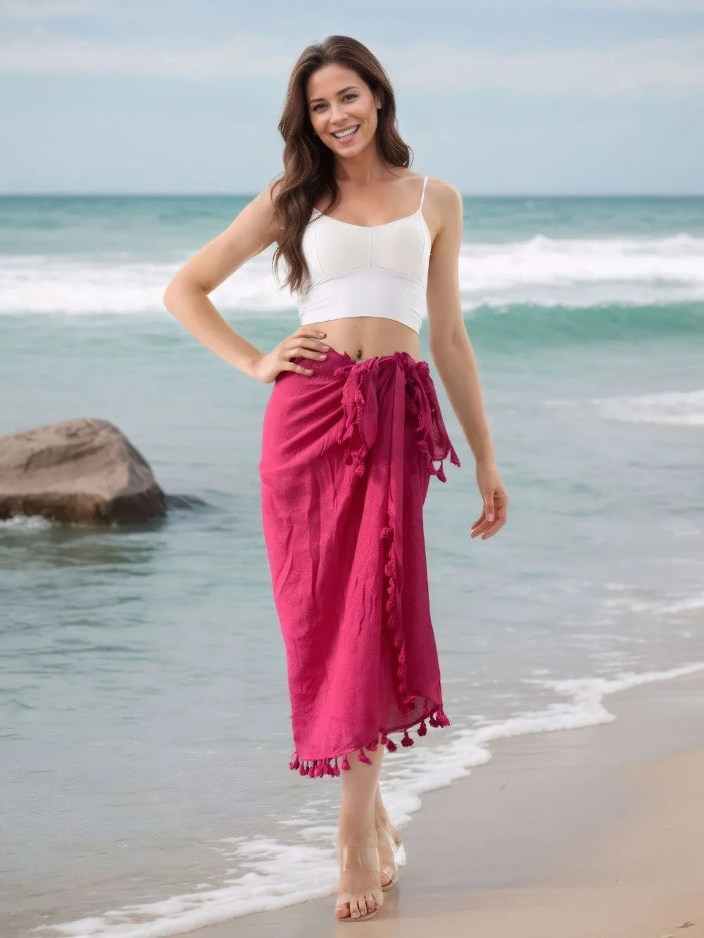 Solid Color Beach Wrap Skirt Sheer Design Quick Drying Sarong Beach Towel Knot Side Tassel Trim Bikini Cover Up