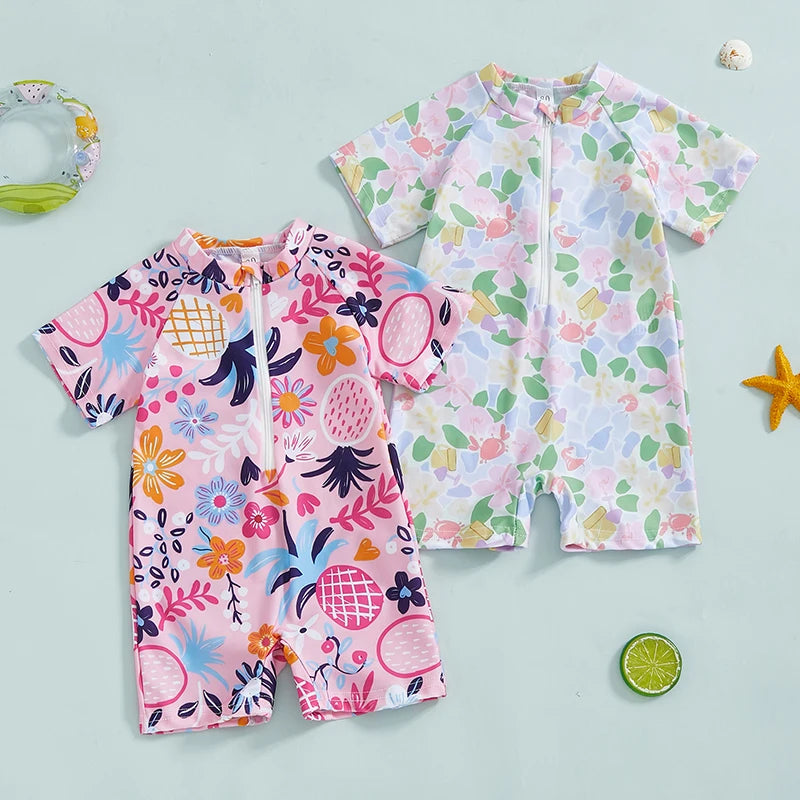 0-3Years Baby Boy Girl Rash Guard Swimsuits Fashion Print Short Sleeve Zip Up Rompers Bathing Suit Toddlers Swimwears Beachwear