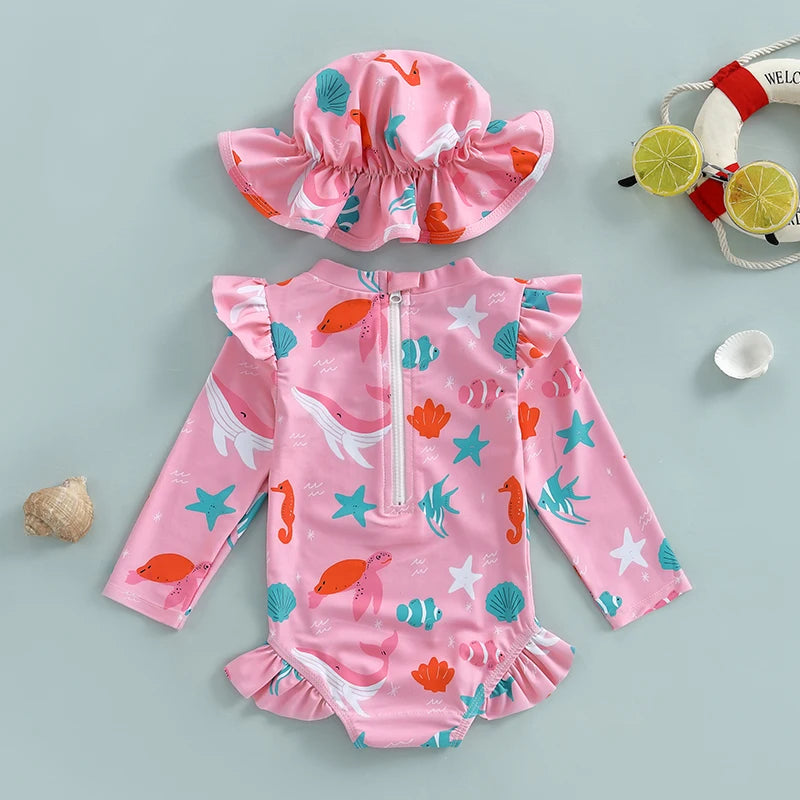 Children Baby Girl Rash Guard Long Sleeve Swimwear with Sun Hat Bathing Suit Infant Swimsuit Newborn 2 Piece Beachwear