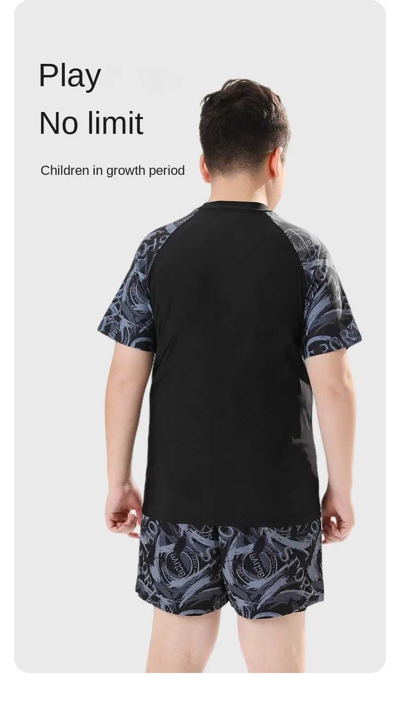 Children's Swimwear with Cap, Split Body, Short Sleeve, Two Piece Swimsuit for Men, Teenagers, Boys, New, Hot Spring Set, 2024