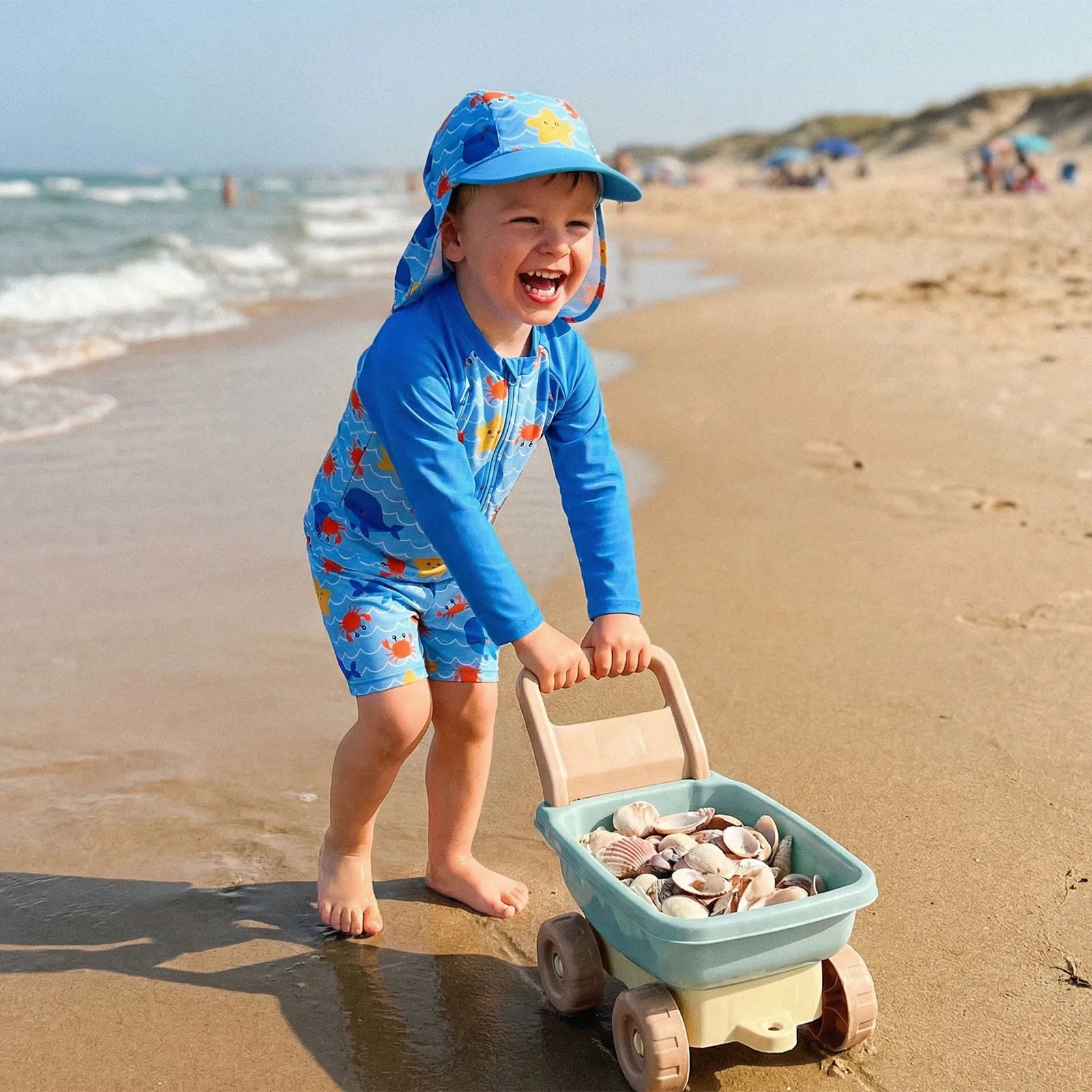 3Pcs Toddler Boy Swimsuit Set Long Sleeve Crew Neck Marine Animal Print Tops Swim Trunks and Hat Rash Guard Bathing Suit