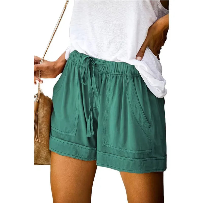 High-Waisted Lace-Up Casual Shorts for Women Summer 2025 Loose Fit Wide Leg Twill Pants European American Style