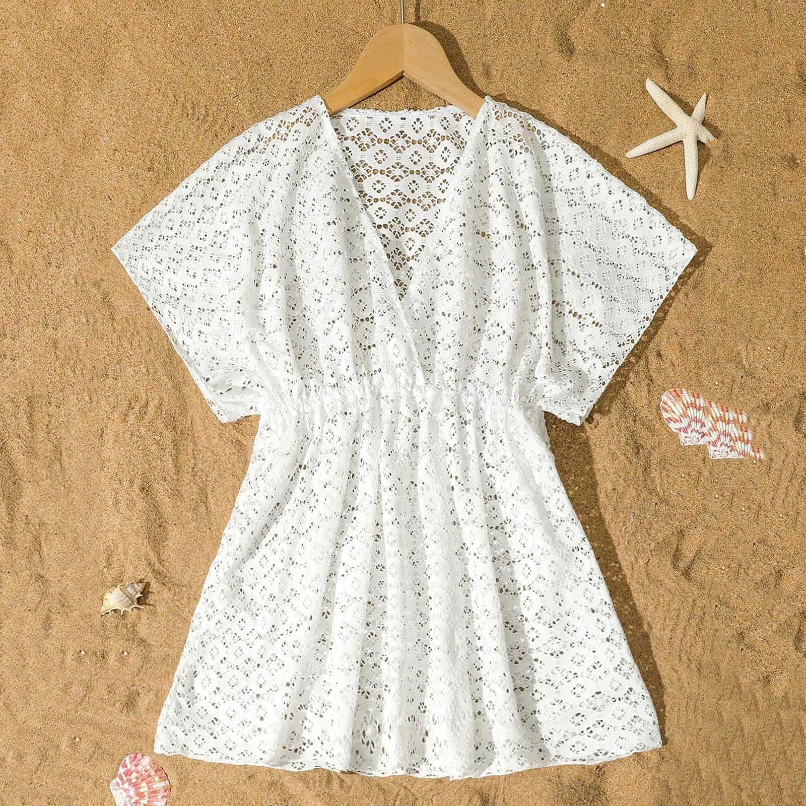 Kids Girls Beach Cover Up Lace Hollow Tunic Pareos Bikinis Cover Ups Children's Swim Dress Sarong Beachwear Sundress 8-16 Years