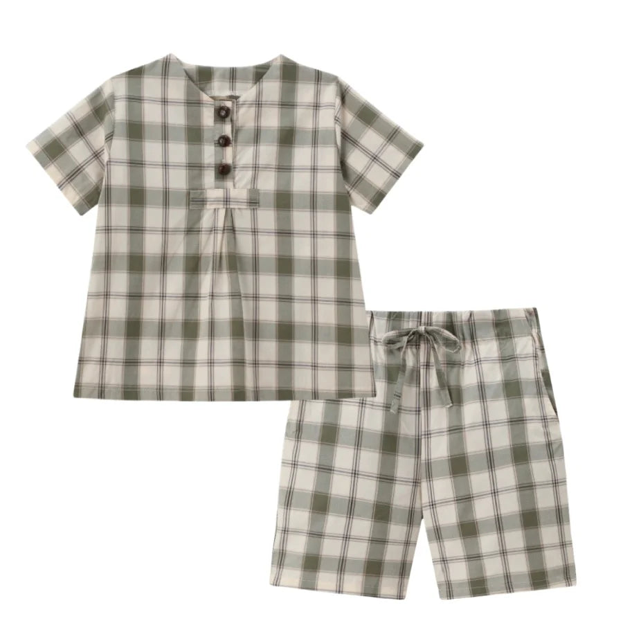 Clearance sale 2025 AS summer green grid & pink Floral collection brother sister family matching 100% cotton boys girls clothing