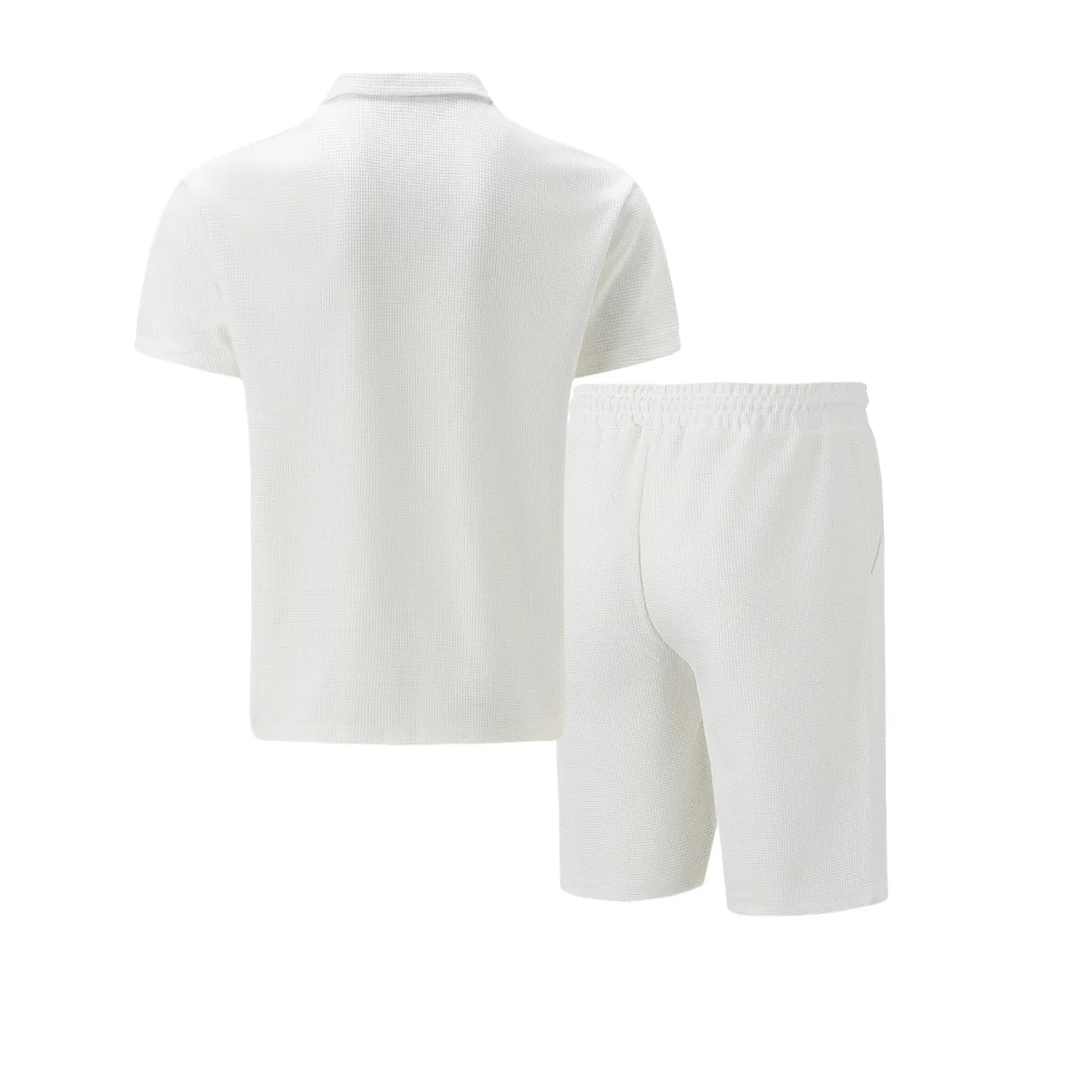 Men Europe and the United States New Summer Waffle Solid Color Zip-Up Lapel Short-Sleeve Suit Shorts Two Sets