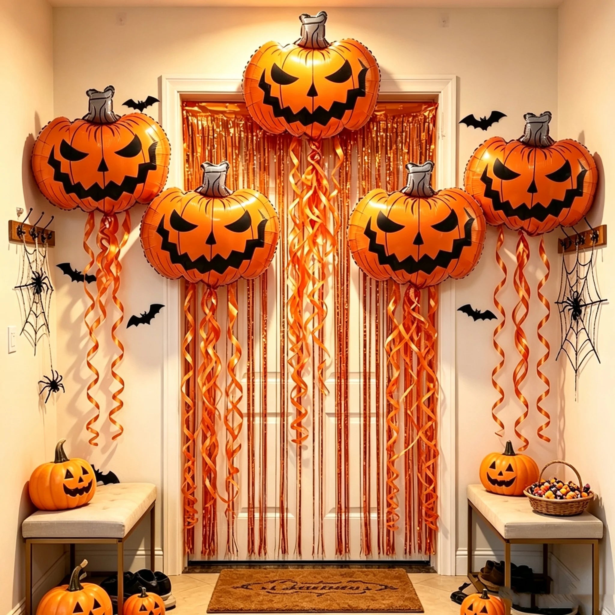 7 Pieces--Halloween Decoration Supplies, Scary Pumpkin Balloons and Spiral Tassel Rain Curtain Set, with Adhesive Dots, Suitable for Halloween Parties, Trick-Or-Treating, Birthday Parties, and Horror Celebration Backdrop Deco