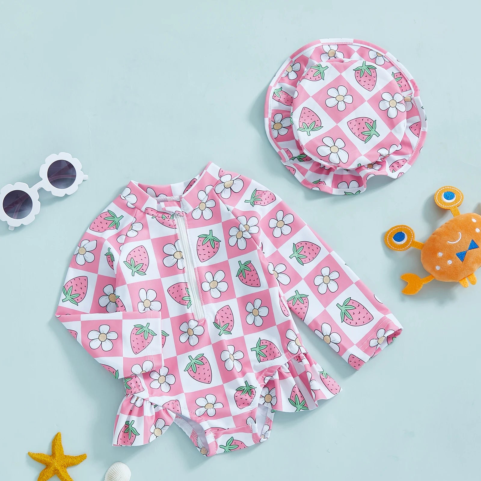 Summer Baby Girls Beacwear Princess Toddler Infant Rash Guard Swimsuits with Hat Floral Print Zip Up Children Girls Swimwears