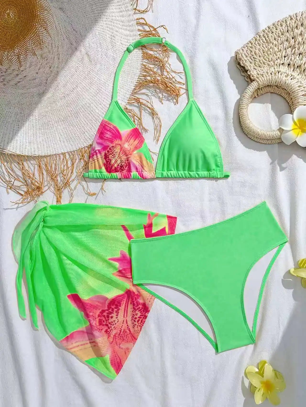 2026 Halter Girls Swimsuit 3 Pieces Bikinis Printed Kids Swimwear Female Children's Bathers Bathing Swimming Swim Suit 8Y-12Y