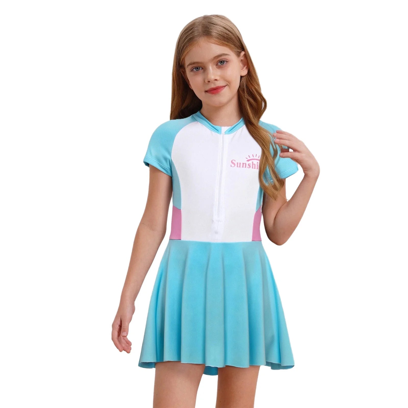 Fashion Girls One Piece Swim Dress Short Sleeve Color Block Swimsuit with Chest Pads Front Zipper And Safety Shorts Beachwear