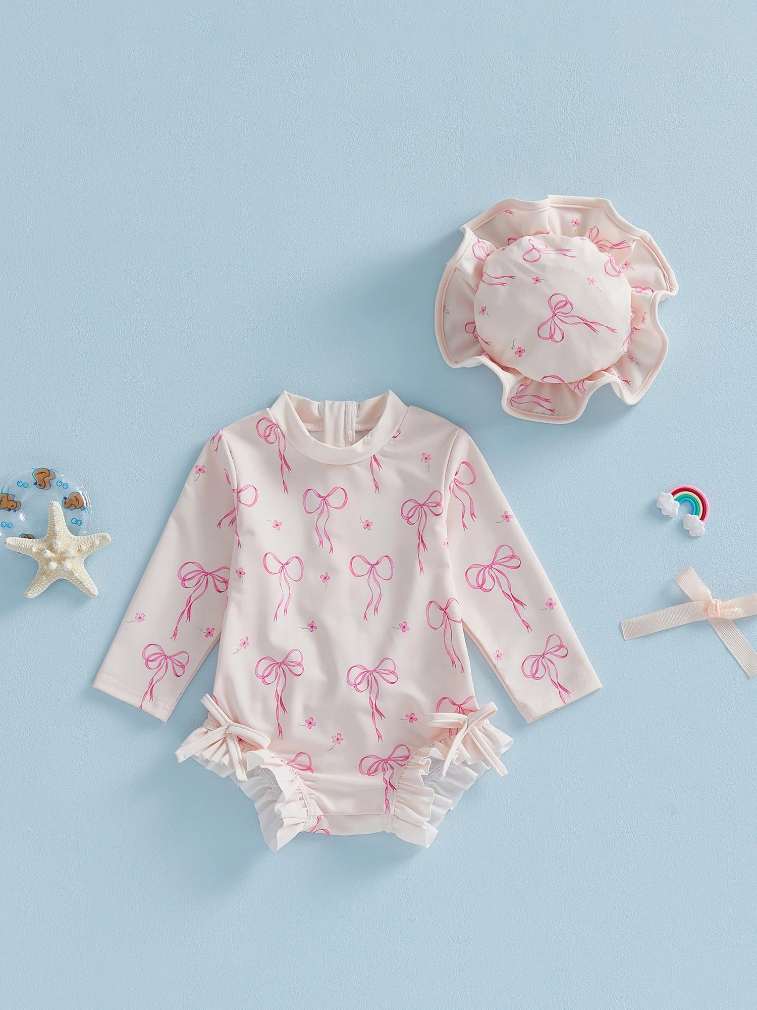 Toddler Baby Girl Rash Guard Swimsuit Bow Print Ruffled Long Sleeve Round Neck Beachwear Jumpsuit and Hat Swimwear 2Pcs Set