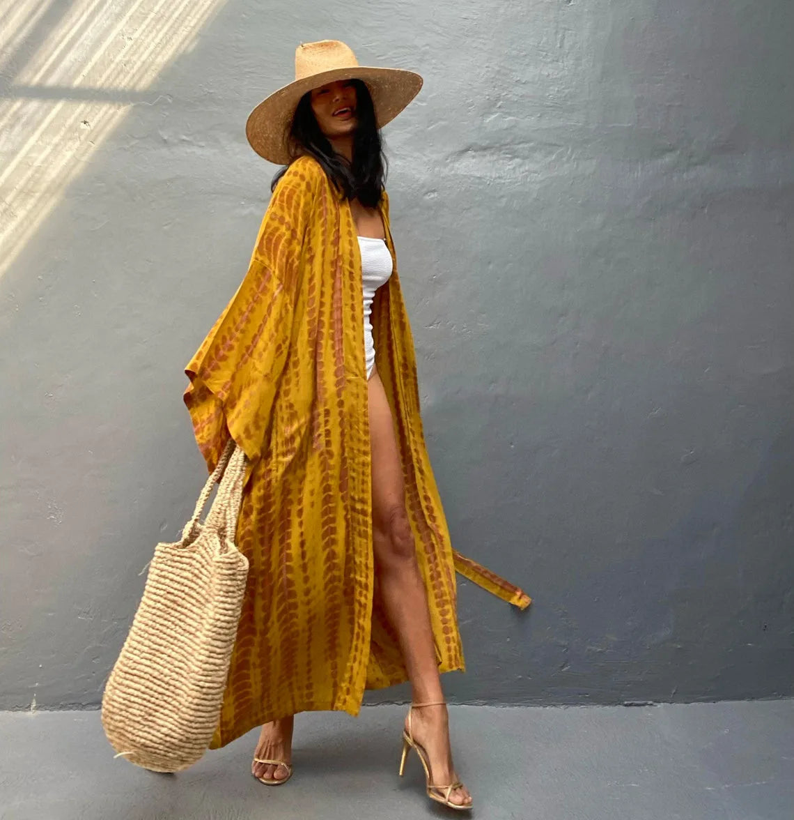 Women's Boho Stripe Tie Dye Swimsuit Cover Up with Belt Tunic Sarong Cardigan Dress Bikini Cover-ups Beach Wear Kimono