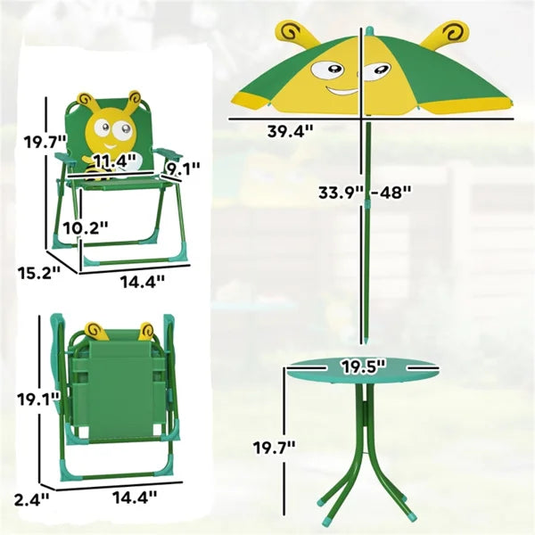 Cute Monkey Kids Patio Table Chair Set with Removable Cartoon Sun Umbrella, Foldable Portable Outdoor Toddler Furniture, 2 Folding Chairs Round Metal Table, Space Saving Kids Play Dining Set for Backyard Garden Lawn Picnic Be