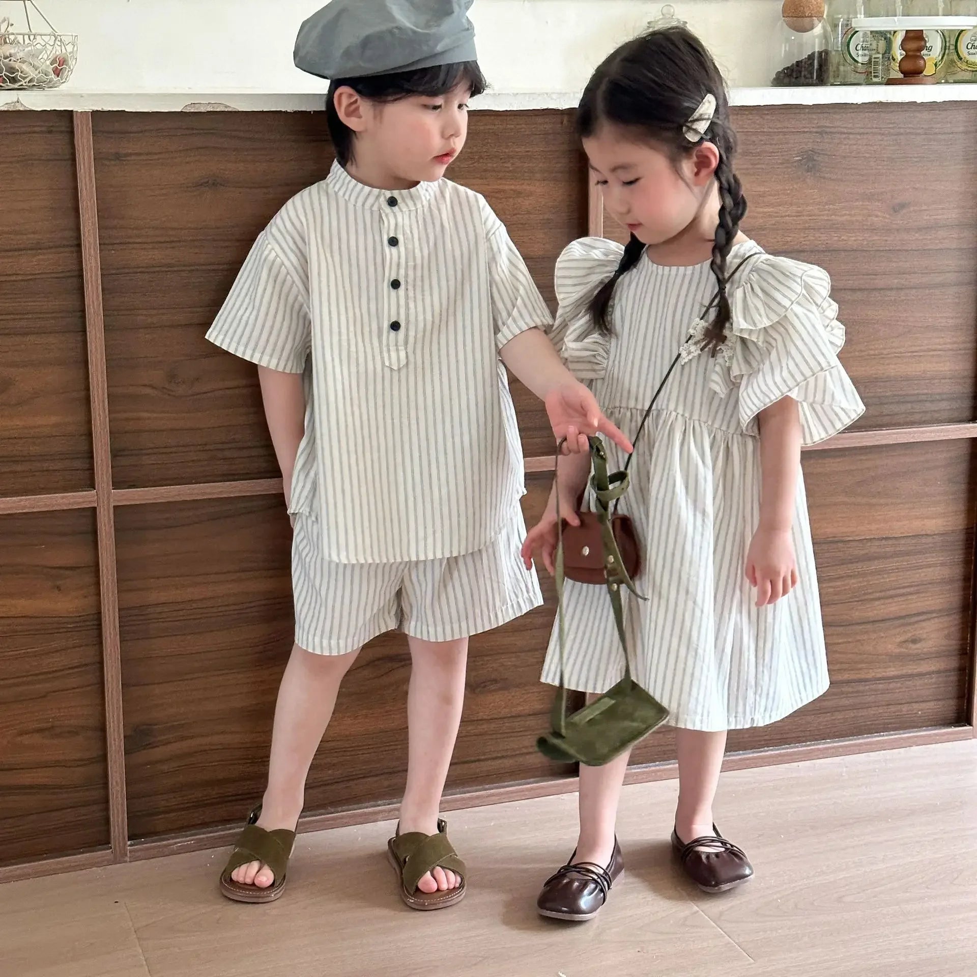 22004 Brother Sister Clothes Summer New Short Sleeve Stripes Baby Boy's Suit Or Cotton Girl Dress