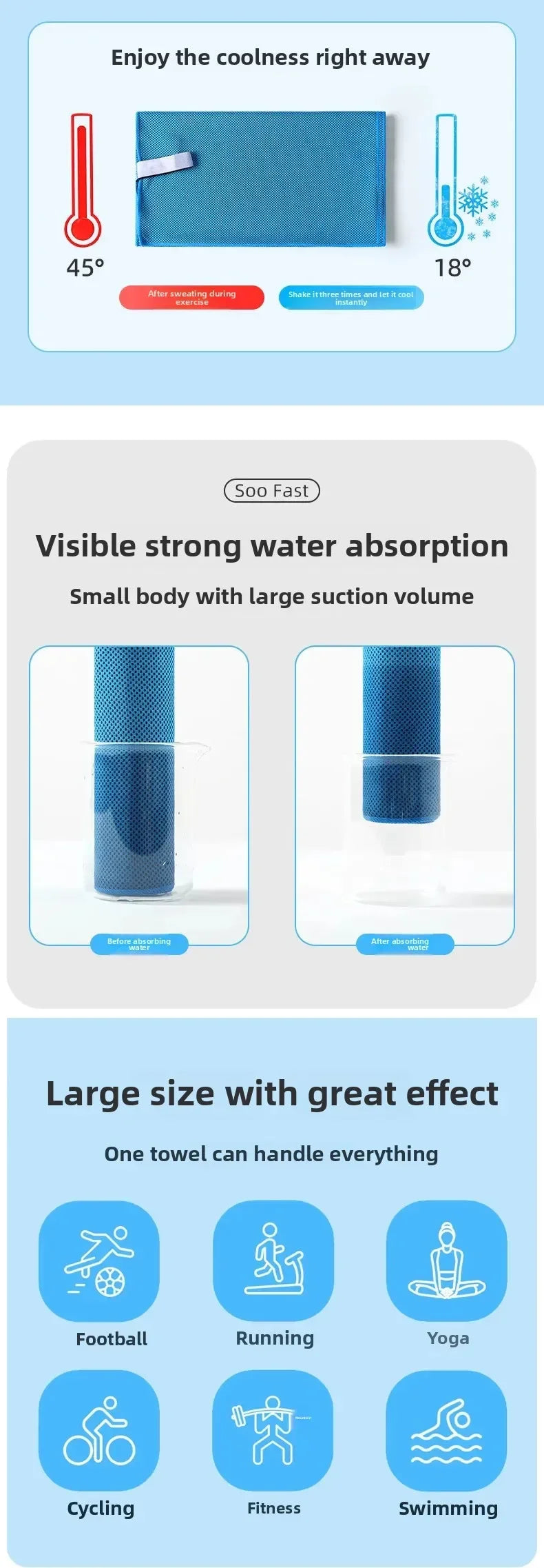 30×80cm Portable Bottle Mounted Quick Dry Towel Gym Sports Sweat Absorbent Cold Sensation Fast Ice Towel Swimming Beach Towels