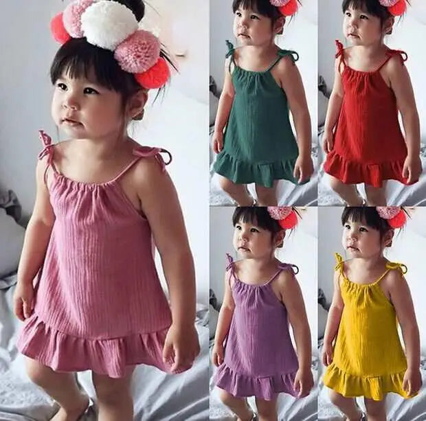 1-5 Years Old Kid Girl Summer Breathable Cotton Slip Dress Adjustable  Solid Color Halter Dress Toddler Girl Holiday Beachwea
