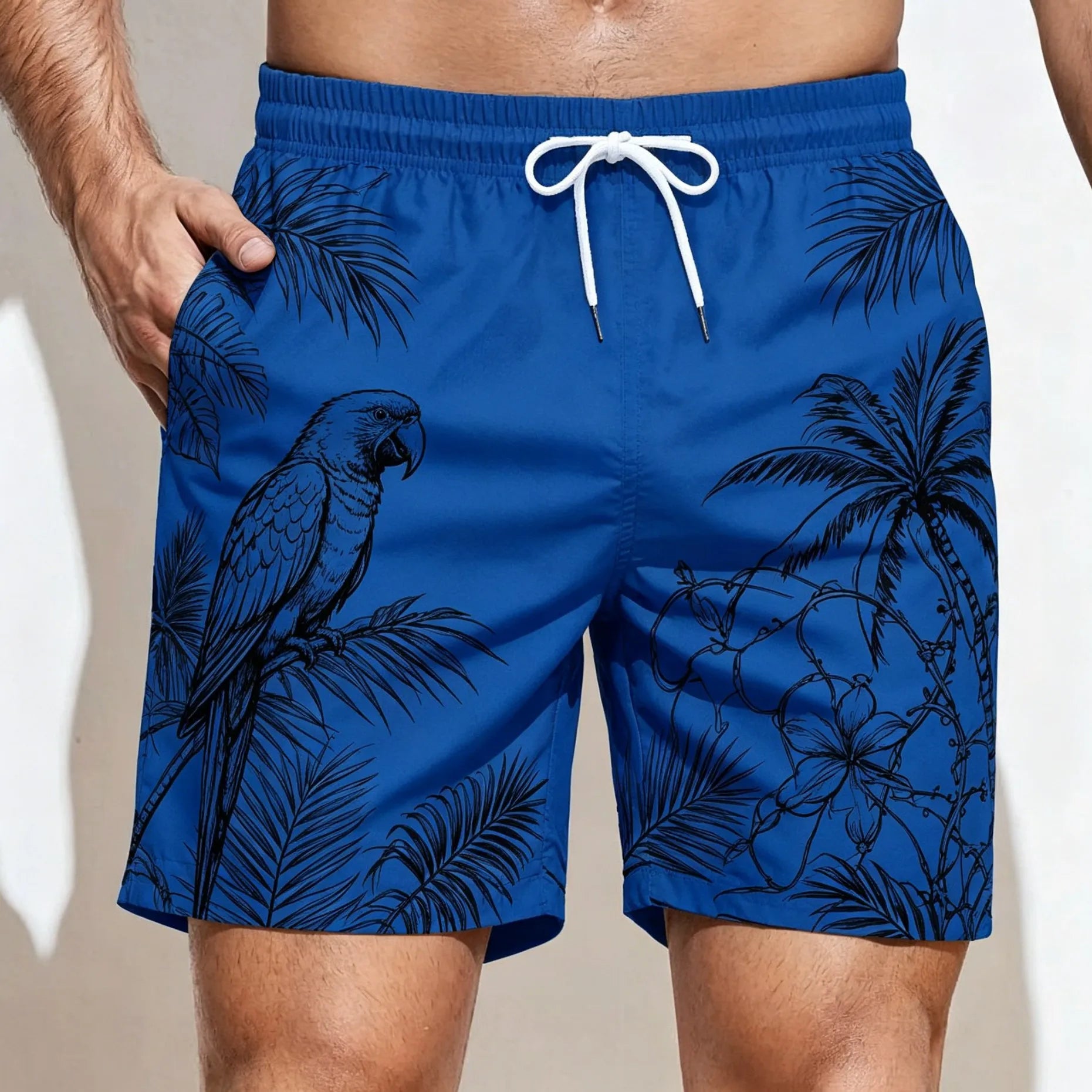 Men's Dark Green Tropical Leaf & Bird Print Drawstring Shorts, Casual Loose Swim Trunks For Spring Summer Wear