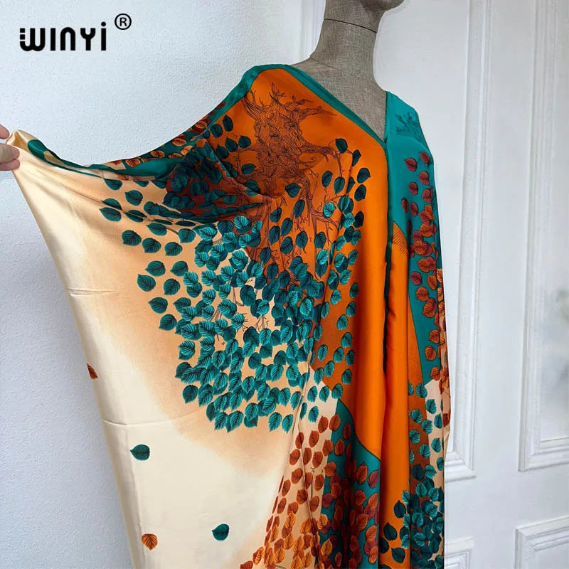 WINYI 2023 V-neck Africa Fashion Women Sexy Boho Casual silk Floral Vintage print Evening Party Beach cover up Long Maxi Dress