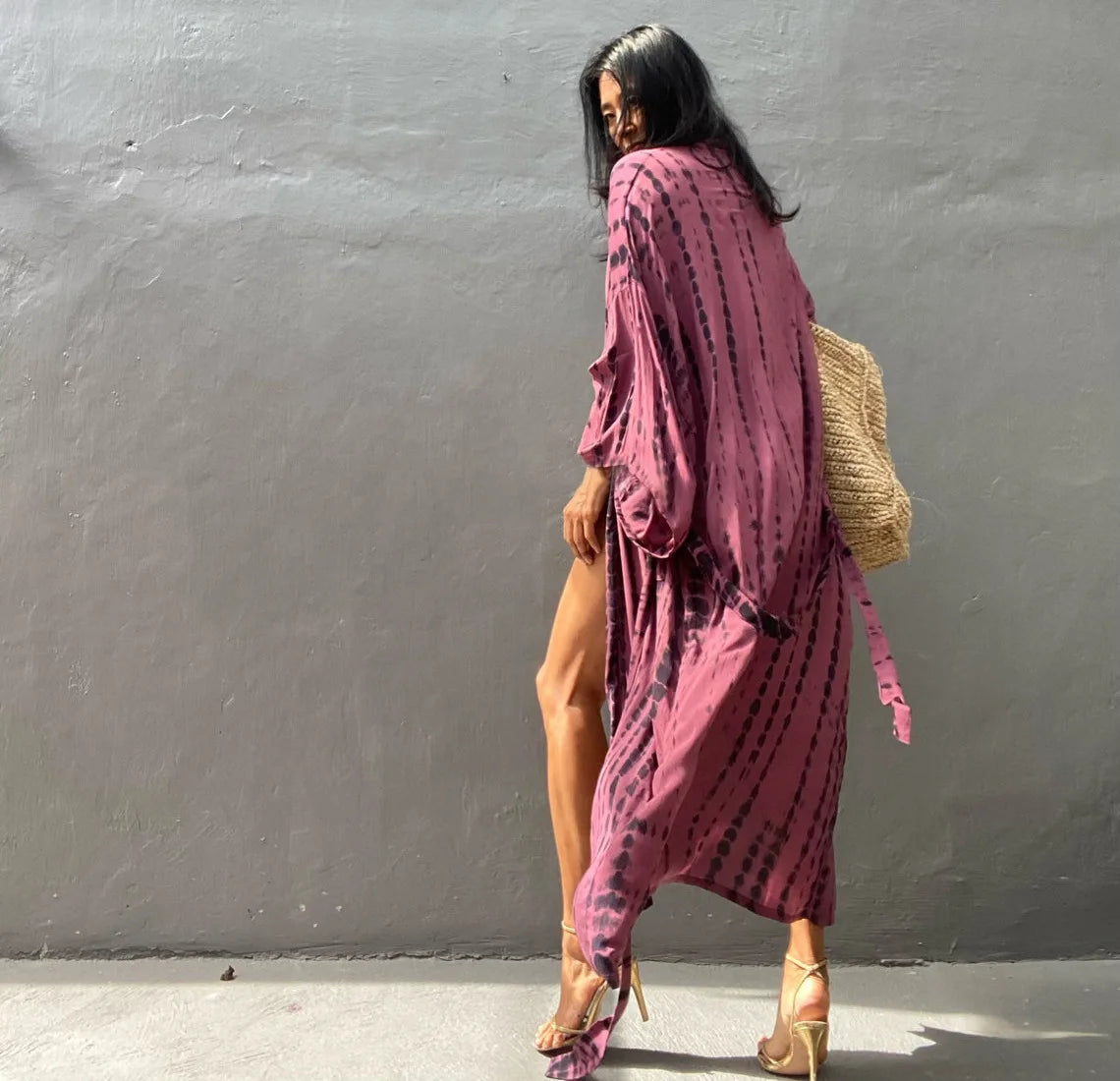 Women's Boho Stripe Tie Dye Swimsuit Cover Up with Belt Tunic Sarong Cardigan Dress Bikini Cover-ups Beach Wear Kimono