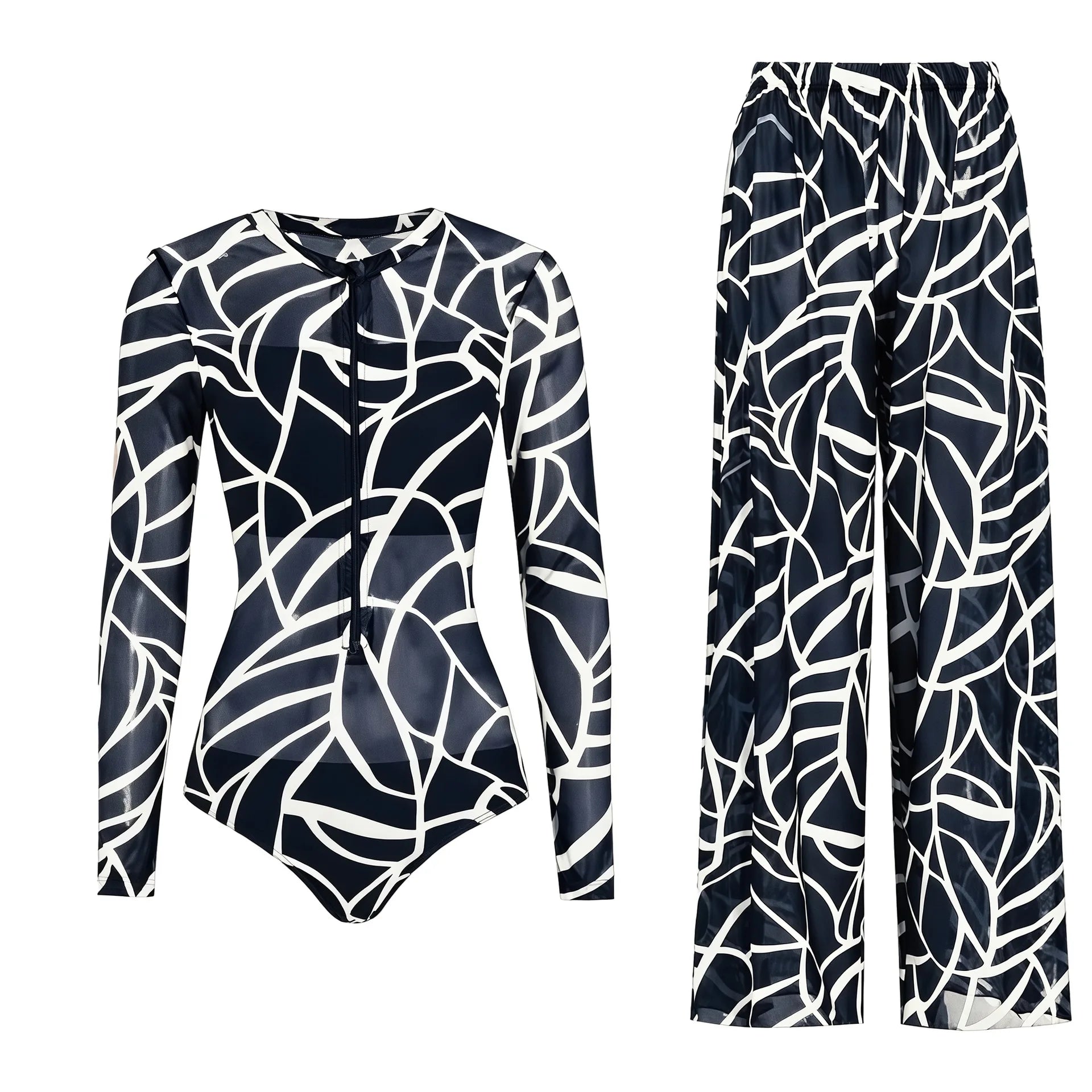 Women's Long Sleeve Swimwear Sunscreen One Piece Swimsuit High Elastic Thickened Mesh Loose Pants SPF35+ New Fitness Beachwear