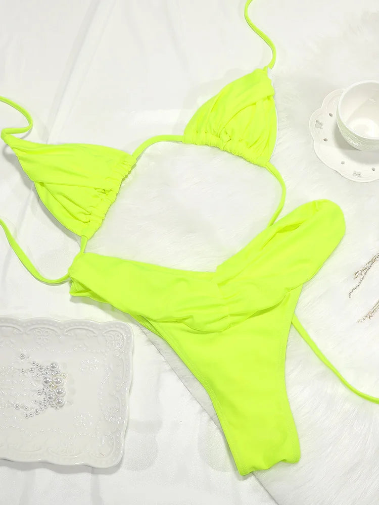 Sexy Folds Bikini Set Solid Micro Bikinis Women Swimsuit Female Triangle Swimwear Beach Wear Bathing Suit