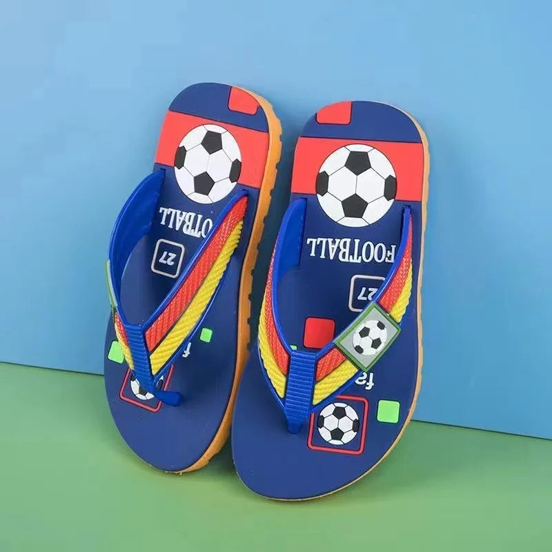New Summer Baby Boys Girls Slippers Children PVC Cartoon Football Print Flops Flips Beachwear Outdoor Red Blue Green Kids Shoes