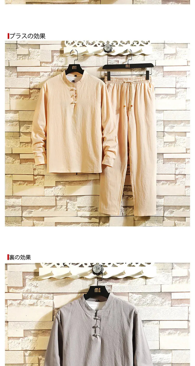 (Shirt + trousers) 2026 autumn fashion men shirt spring Man Cotton and linen shirts long sleeve men's casual shirts men M to 5XL