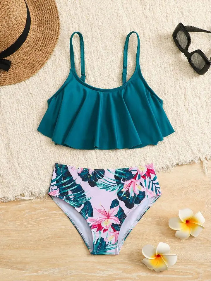7-12 Years Girls Kids High Waist Ruffle Swimwear Summer Beach Children Swimsuit Print Biquini Teens Bathing Suit Pink Bikini Set