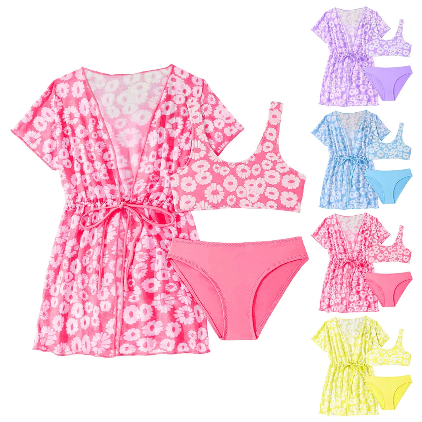 Girls 3 Pcs Swim Cover Up Sets Floral Bikini Crop Top With Brief Kimono Teens Bathing Suit Girls' Swimsuit Cover Up Wrap Scarf