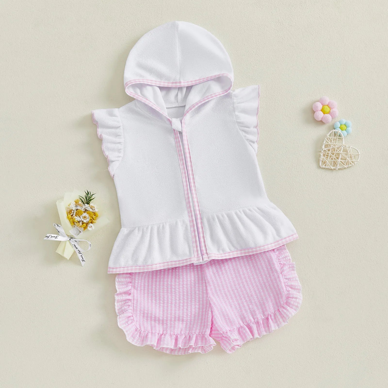 MISOWMNJOY Children Girls Beach Clothes Set Cute Flying Sleeve Zipper Hood Tops with Ruffled Plaid Shorts Summer Toddler Outfits