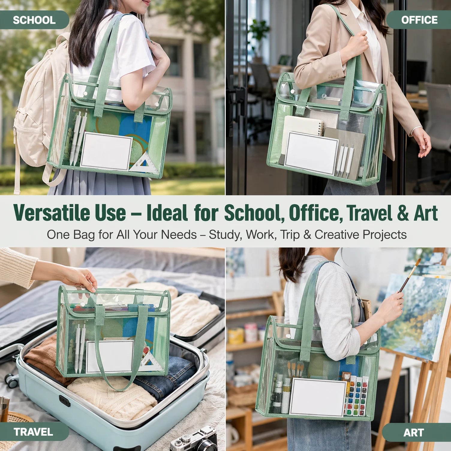 Clear Transparent PVC Tote Bag Large Capacity Waterproof Mesh Pocket Reinforced Handle for School Commute Beach