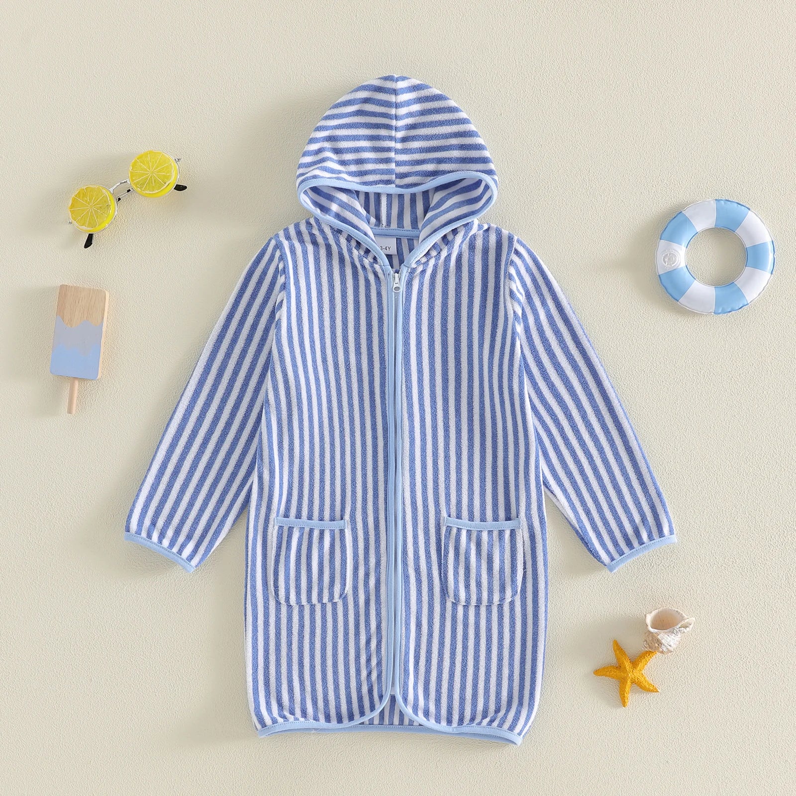 1-6Y Kids Bath Robes Towel Long Sleeve Front Zipper Striped Surf Poncho Swimming Outerwear for Boys Girls Beach Cover-ups