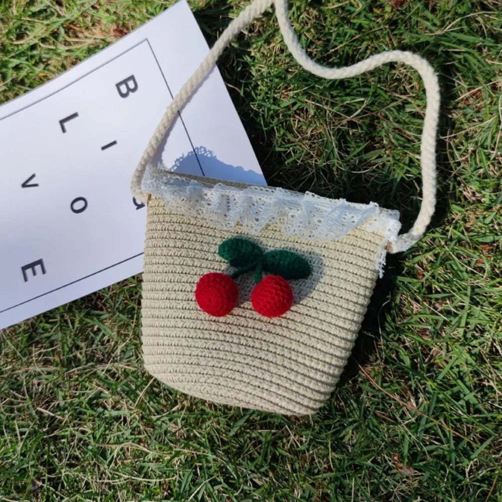 Flower Straw Baby Bags Handmade Summer Beach Women Girls Shoulder Bag Messenger Bag Kids Keys Coin Purse Princess Mini Handbag