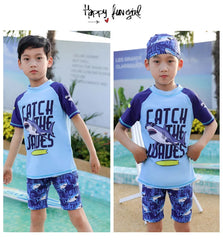 Kids Swimsuit Boys Two Pieces Shark Swimsuit Toddler Rash Guard and Trunk Set with Hat