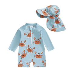 Toddler Boys Rash Guard Swimsuit Children Sportswear Dinner/Crab Print Long Sleeve Zip Bathing Suit with Swim Cap