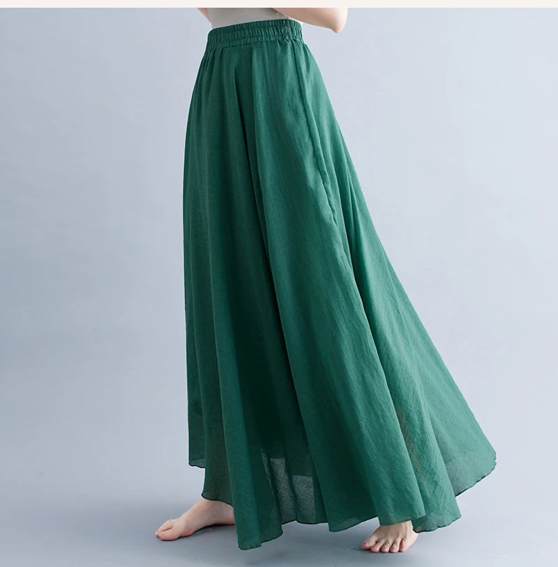 Boho Cotton Linen Beach Long Skirt Women Vintage Casual Solid A-line High Waist Dance Floor-Length Maxi Skirt Spring Summer New