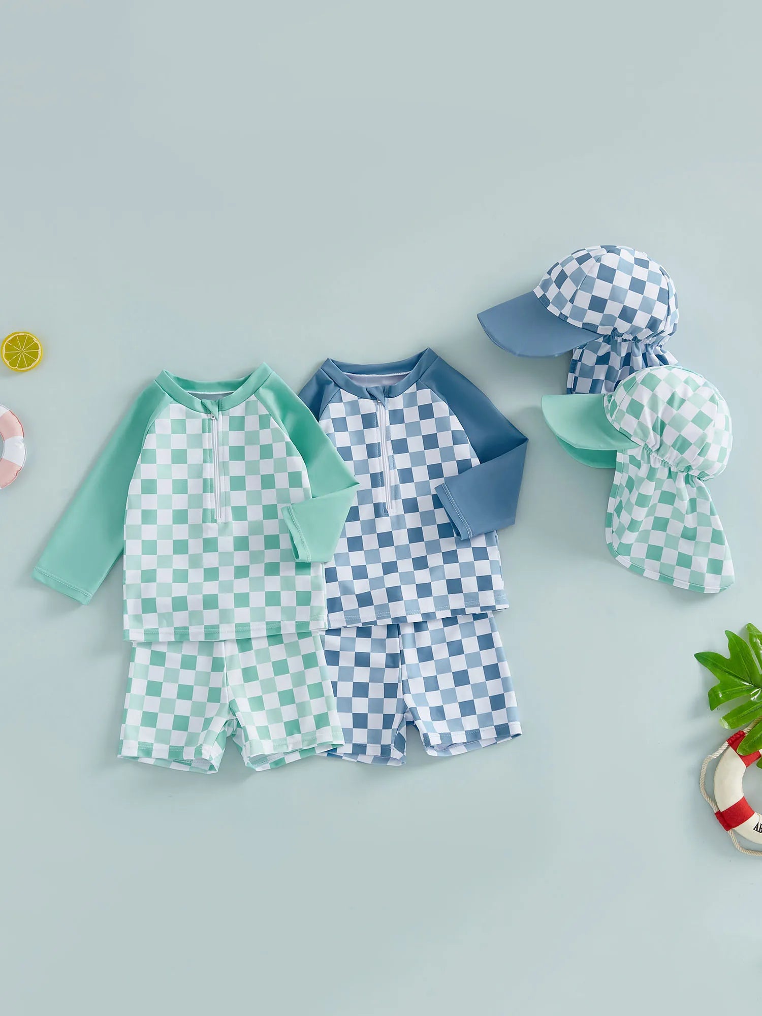 1-4T Toddler Boy Swimsuit Set Checkered Long Sleeve Rash Guard Swim Tops Swim Shorts and Sun Hat 3 Piece Outfit