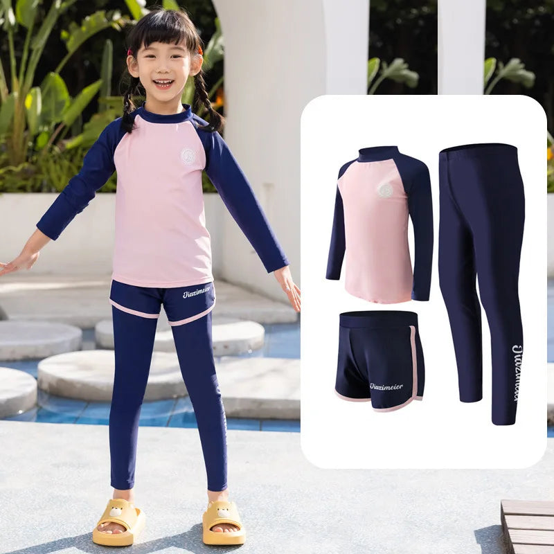 Girls/Boys Rash Guards 3 Pieces/Set Swimsuit Long Sleeve Bathing Suit Shirt+Shorts+Long Pants Sun Protective Beachwear