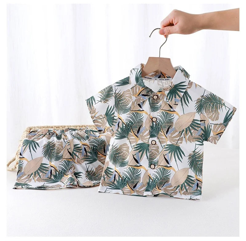 Summer Children Beach Shirt Set Boys Girls Baby Loose Printed Shirts Fashion Vacation Style Kid Short Sleeve+short Pants Outfits