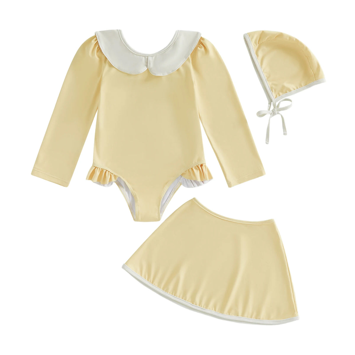1-6T 3Pcs Little Girls Swimsuit Set Doll Collar Long Sleeve Contrast Color Rash Guard Swimwear Skirt and Hat
