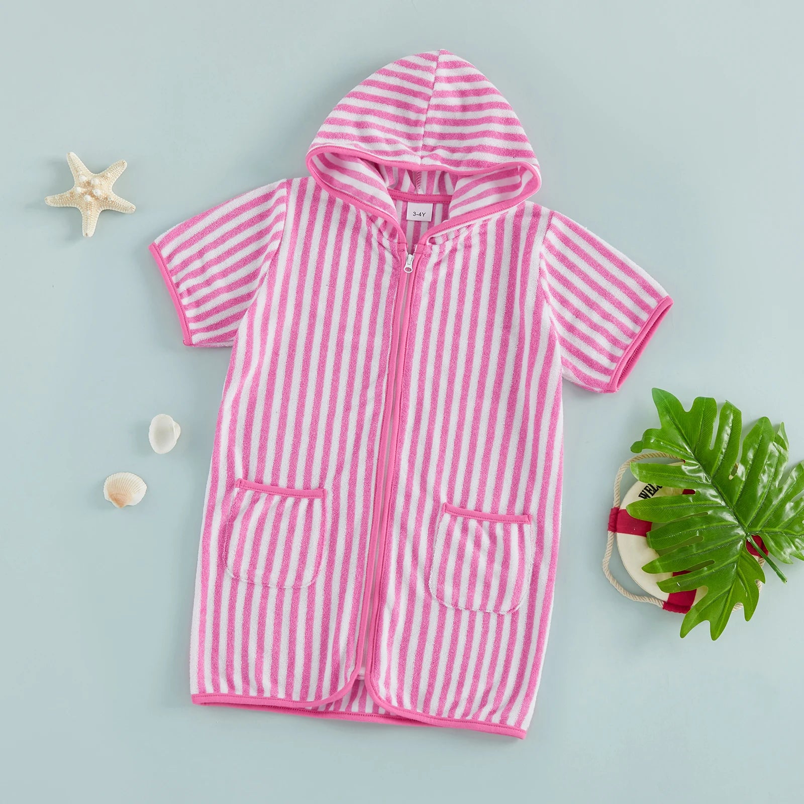 Summer Baby Swim Cover Up Bathing Suit Kids Hooded Towel Infant Boys Girls Short Sleeve Stripes Print Bathing Suit Coverup