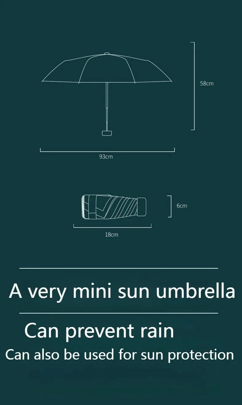 Mini paraguas de bolsillo para lluvia, sombrilla plegable de vinilo con protección ultravioleta UV, parasol de bolsillo, cápsula