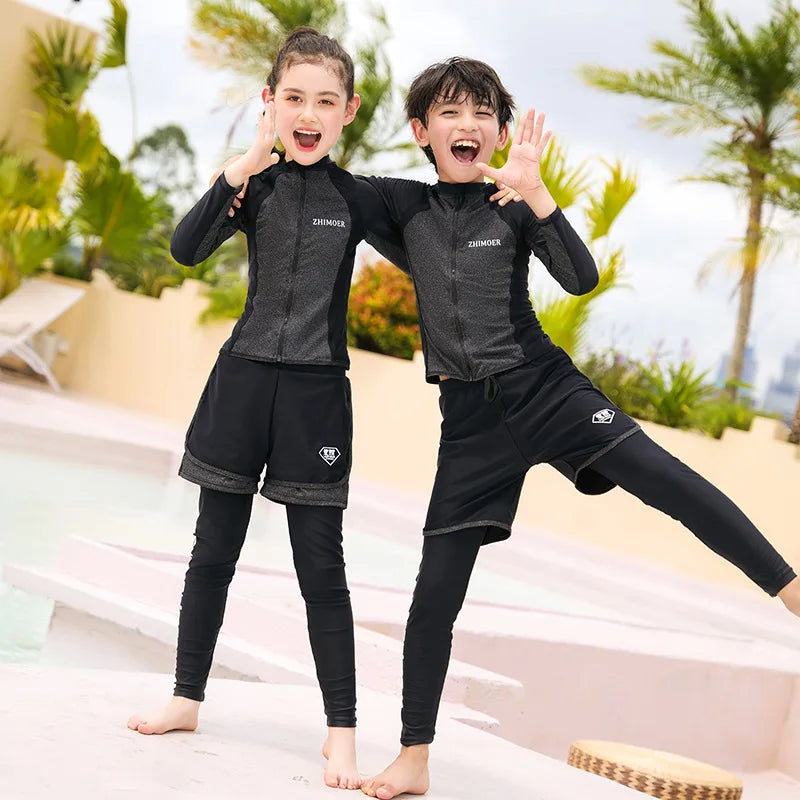Girls Youth Long Sleeve Swimsuit Four Piece Rash Guard Bathing Suit Zip Tops Long Pants Swimwear Kids Bathing Suit Athletic